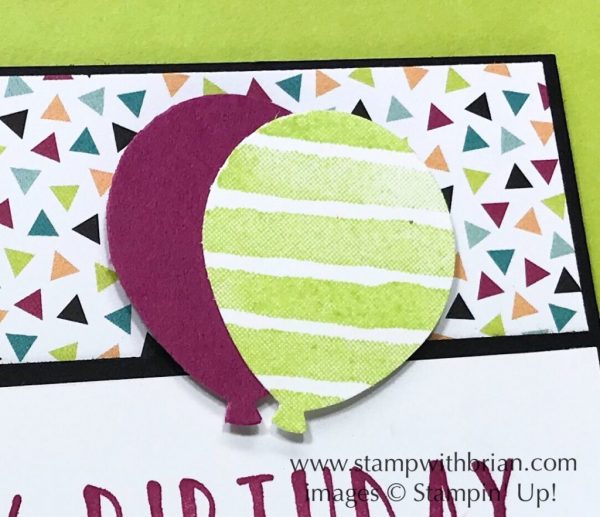The Lemon Lime Twist balloon is stamped with a large heart in Heart Happiness and punched with the Balloon Bouquet punch, Stampin' Up!, Brian King The Lemon Lime Twist balloon is stamped with a large heart in Heart Happiness and punched with the Balloon Bouquet punch, Stampin' Up!, Brian King
