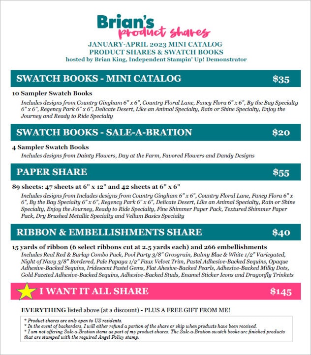 Brian King's Product Shares and Designer Series Paper Swatch Books, January-April 2023 Mini Catalog